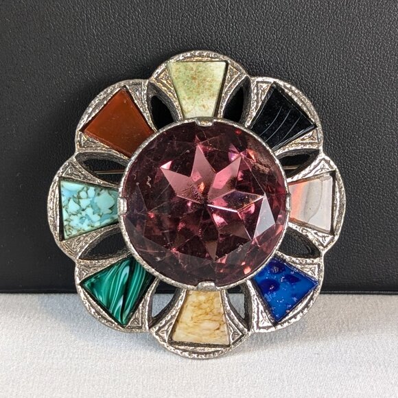 Miracle Jewelry - Vintage Miracle Celtic Brooch Cloak Kilt Pin Glass Agate Natural Stone Foil Back